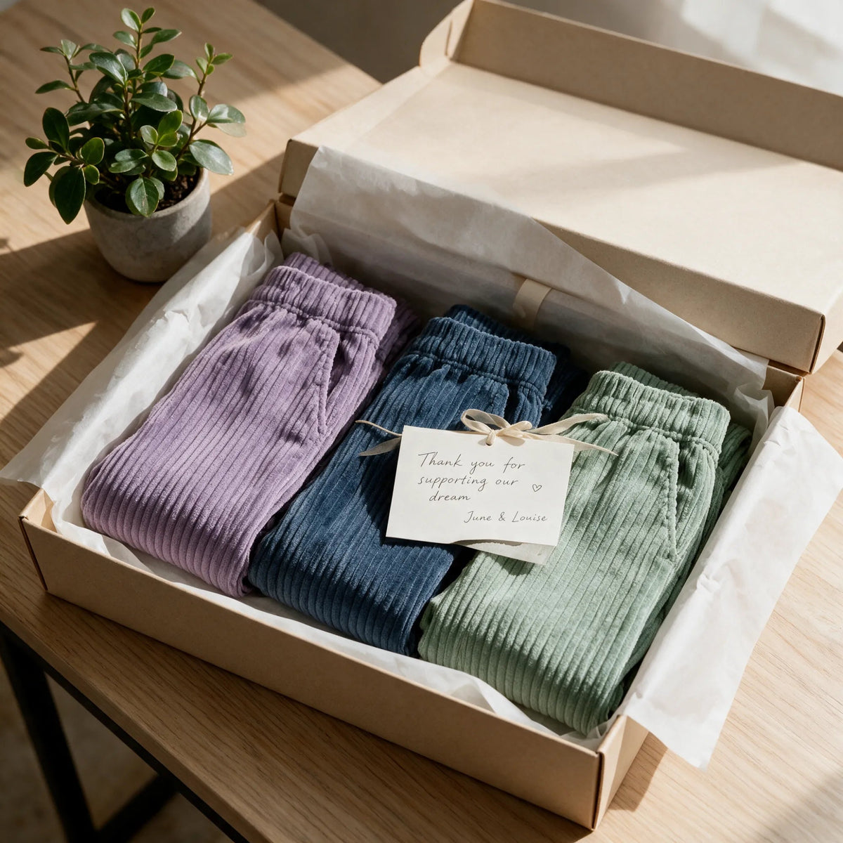Three pairs of Clark pants in purple, blue and green folded on tissue paper in an open box.
