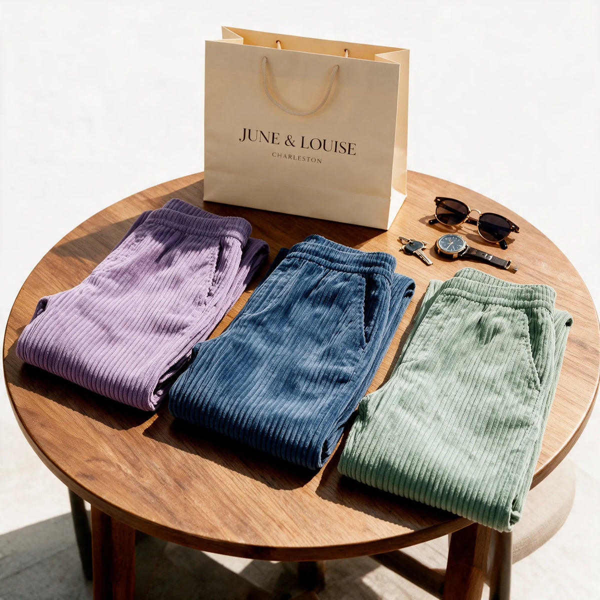 Three pairs of Clark pants in purple, blue and light green, folded on a round table in front of a June & Louise paper bag.