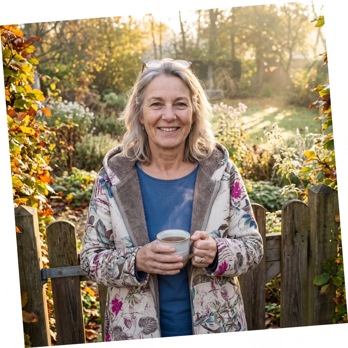 The Melvaris floral fleece jacket worn at the garden gate on a cold morning, coffee in hand
