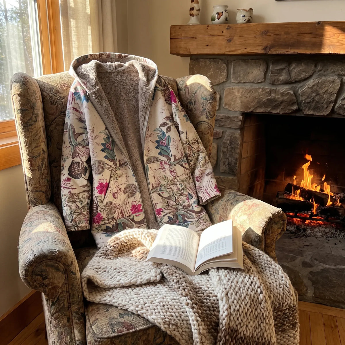 The Melvaris jacket draped over an armchair by the fire, with a book and a throw