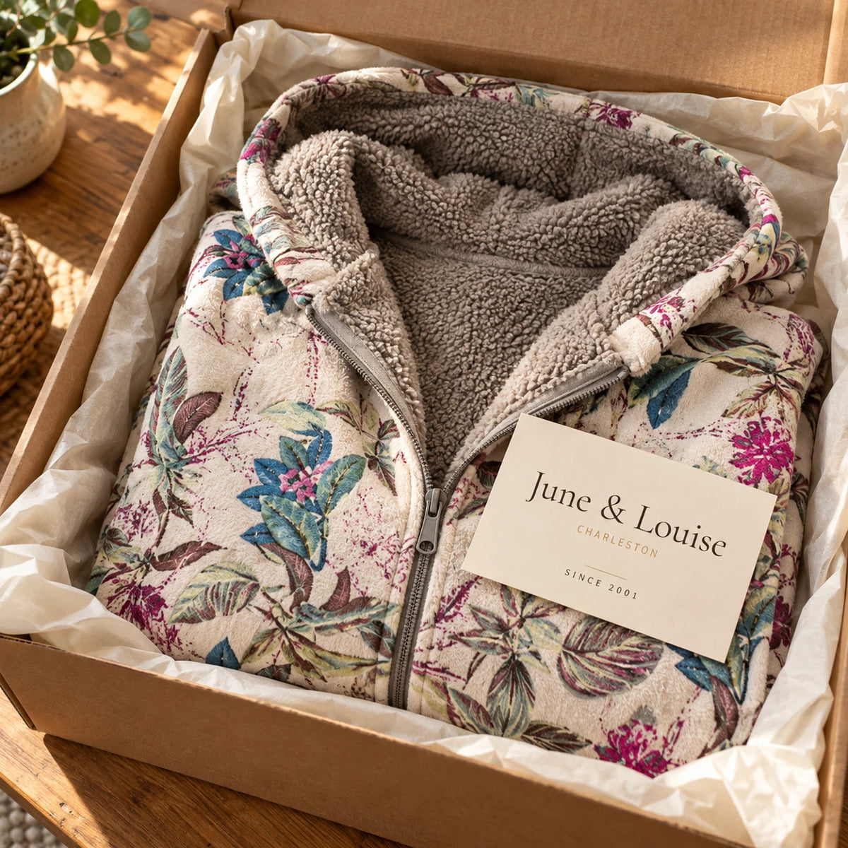 The Melvaris jacket arriving in its June & Louise kraft box, folded in tissue with the Charleston card