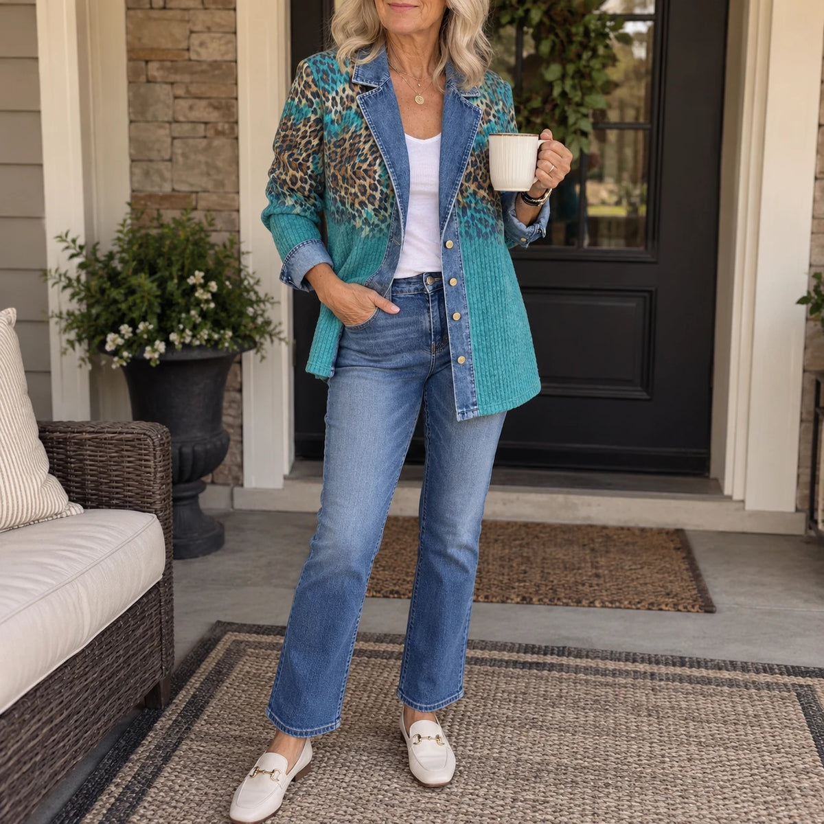 Olivia Vintage Leopard Print Denim Jacket worn open over a white tee and jeans, morning coffee on the porch