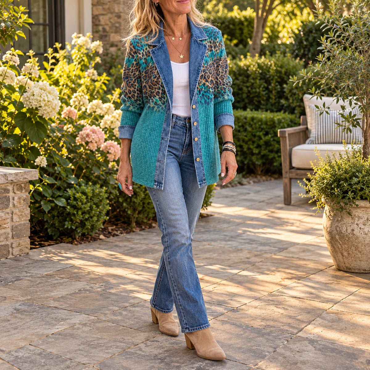 Olivia Leopard Print Denim Jacket, full length in the garden over jeans