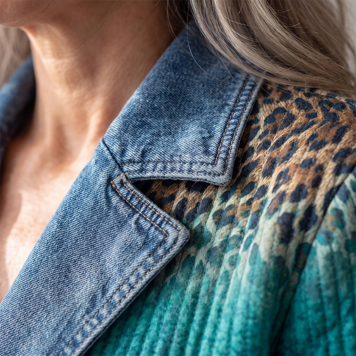 Close-up of the denim-style collar of the Olivia jacket lying open