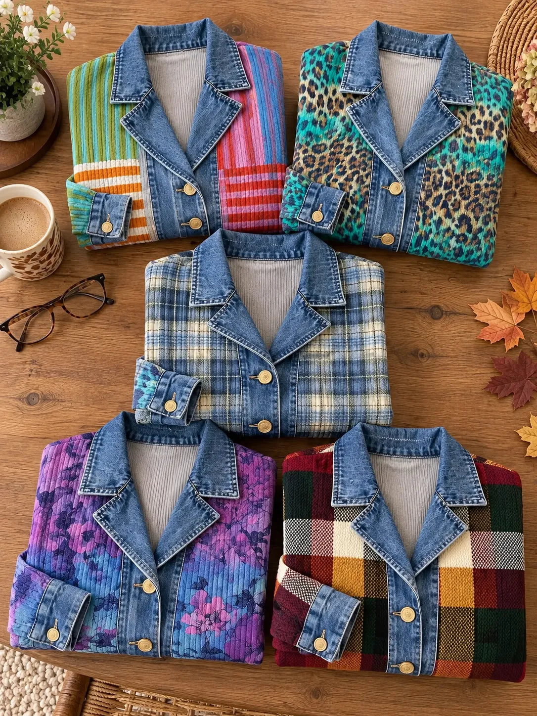 Five jackets from the Denim Jackets collection folded on a wooden table, the Olivia top right