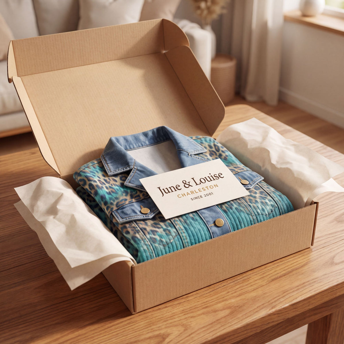 The Olivia jacket arriving in its June & Louise kraft box with the Charleston card