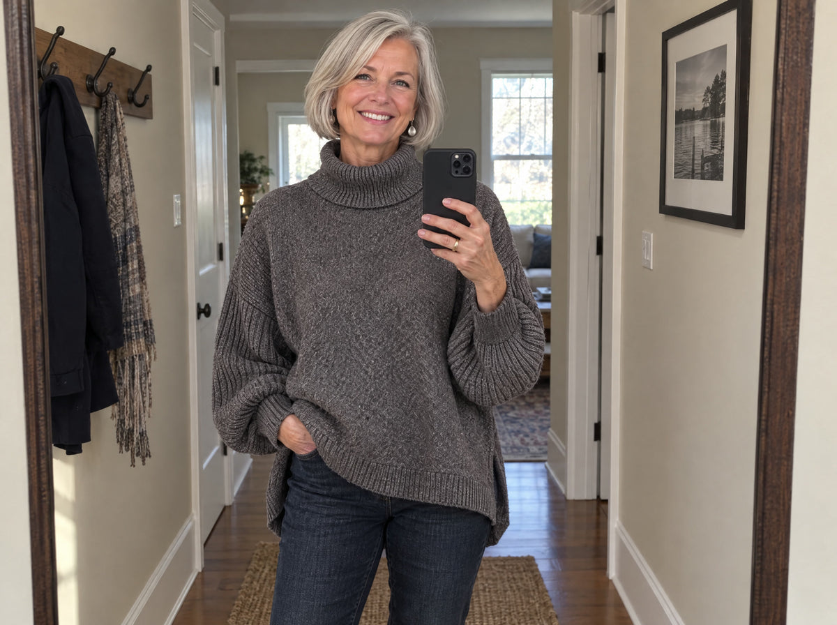 Customer wearing the Kathleen turtleneck sweater, hallway mirror photo