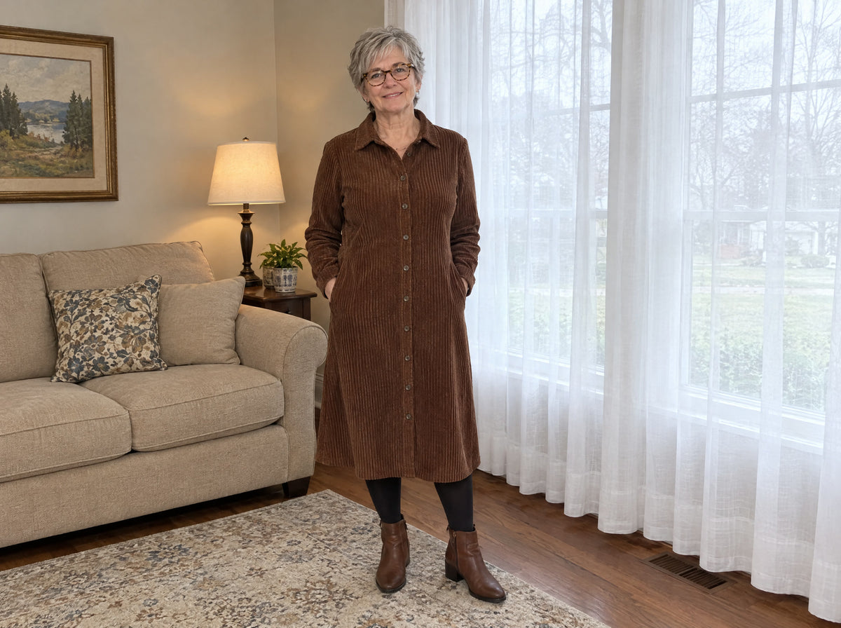 Customer wearing the Averlina ribbed midi dress in her living room