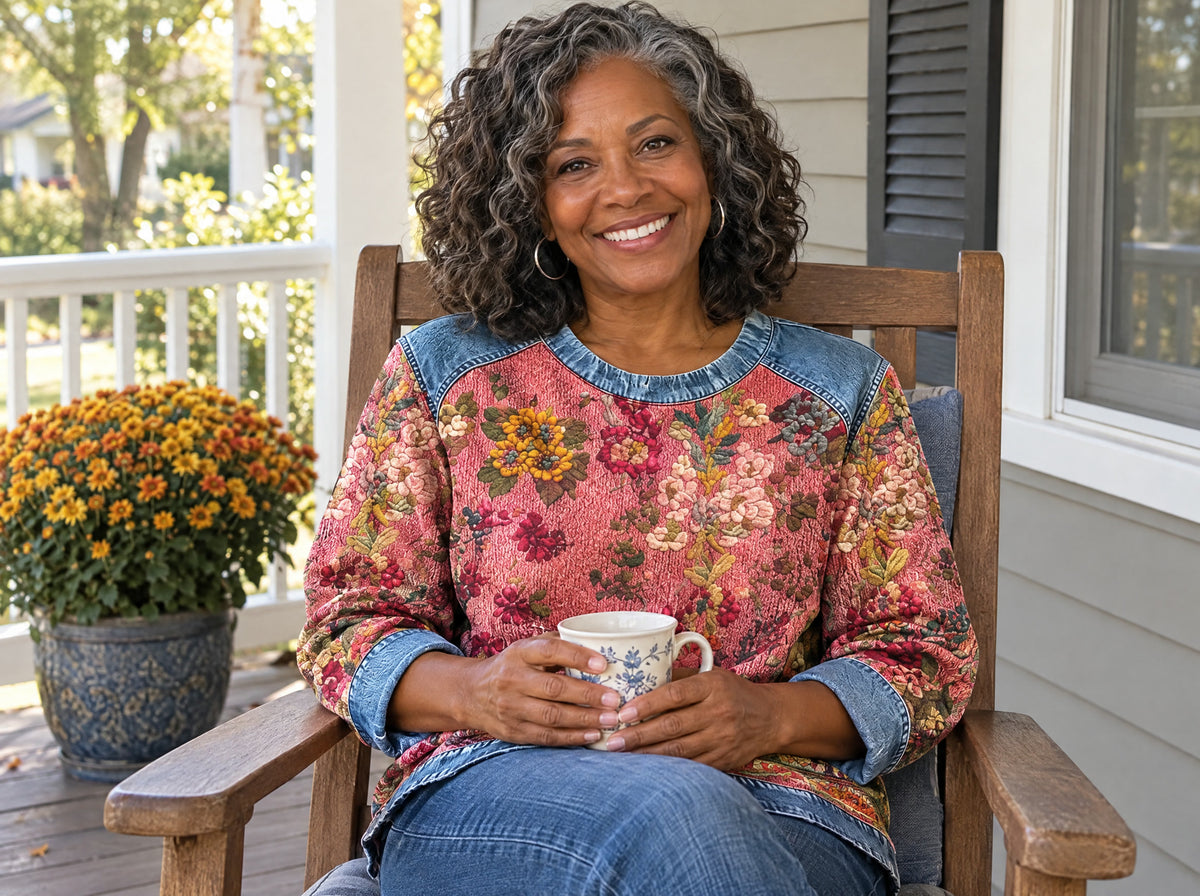 Customer wearing the Charlene floral sweatshirt on her porch