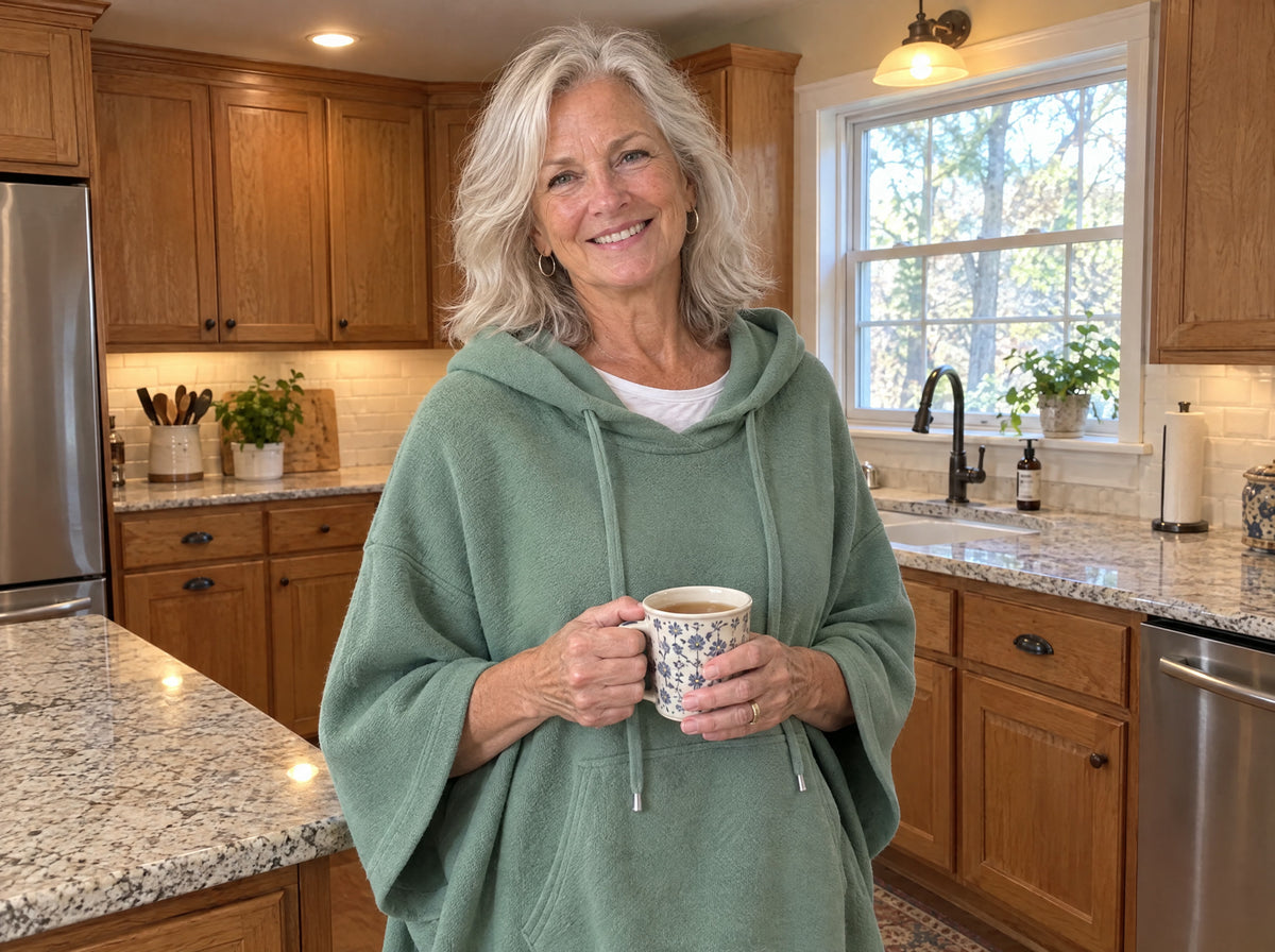 Customer wearing the Amandine sage green poncho in her kitchen