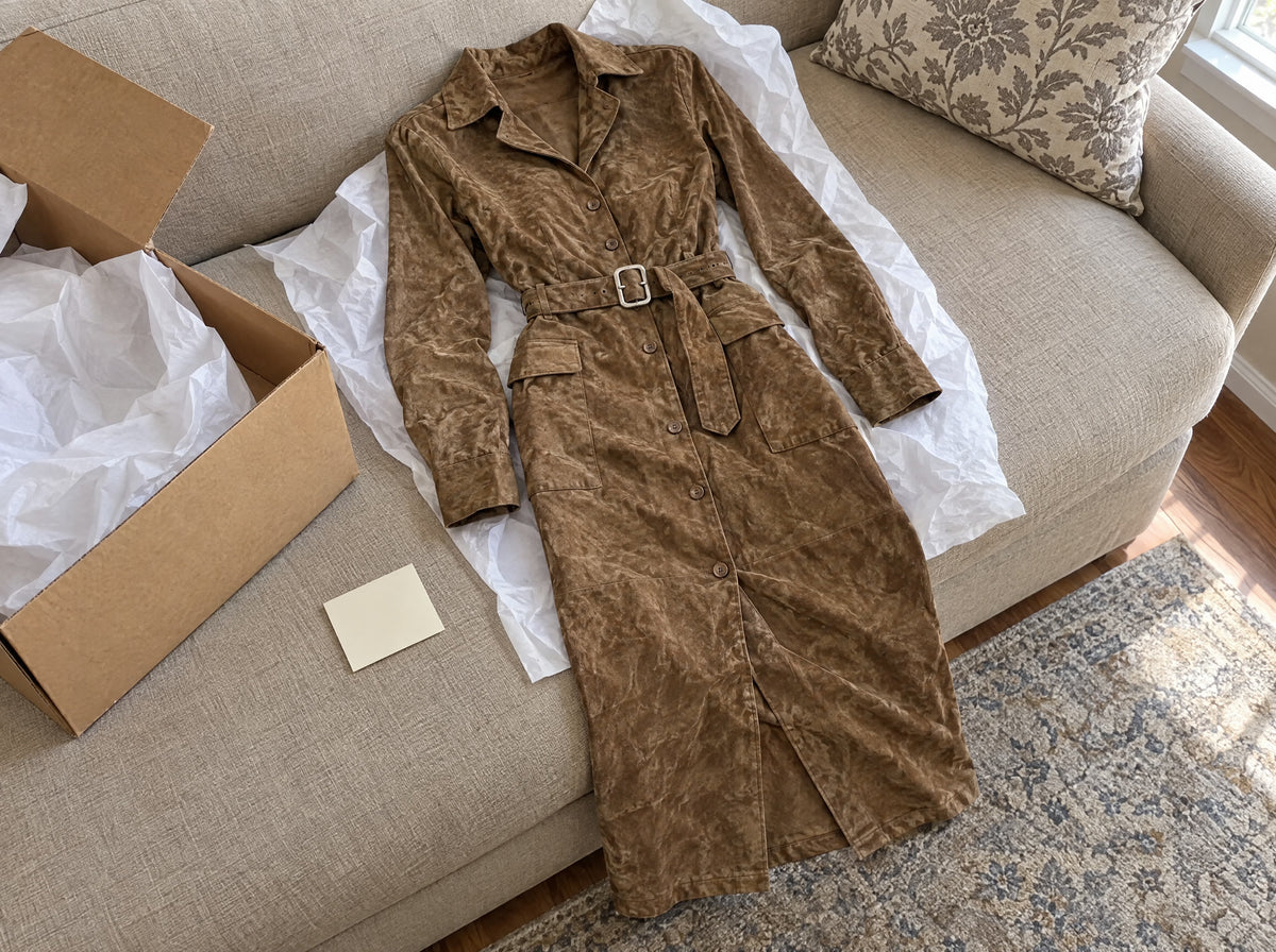 The Adelina belted midi dress just unboxed on a sofa