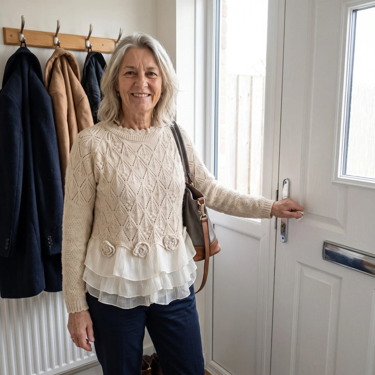 Woman in the Ruvella sweater at the front door with her purse, ready to leave