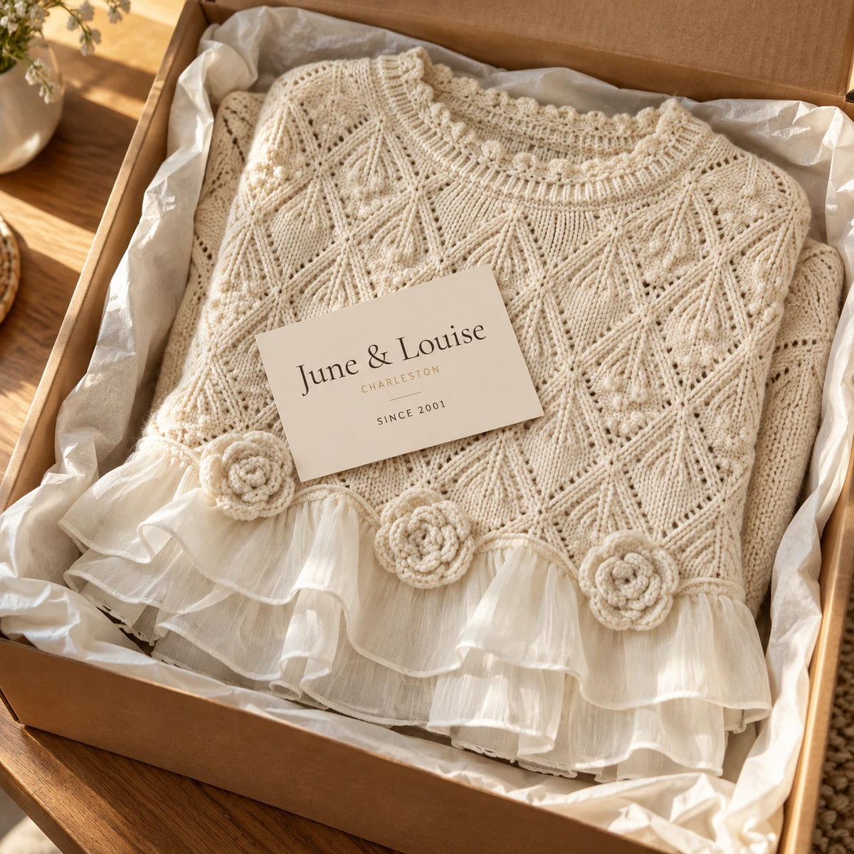 The Ruvella sweater arriving in its June & Louise kraft box, folded in tissue with the Charleston card