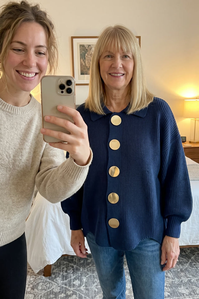 Isadora navy cardigan with gold buttons