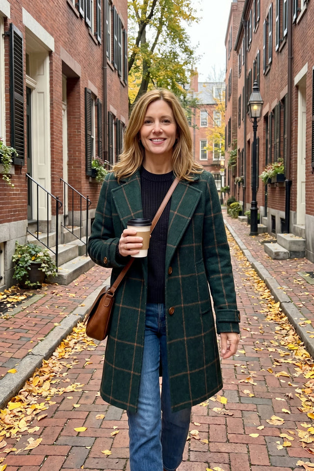 Lauren green checkered coat on a fall street