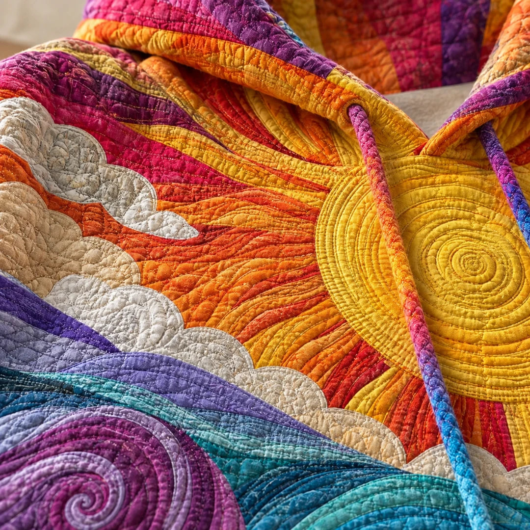 Close-up of the stitched sunburst artwork on the sunflower hoodie