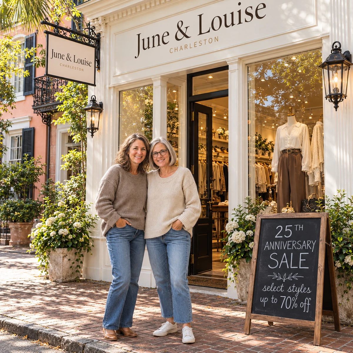 June & Louise in Charleston: the boutique with the 25th Anniversary Sale sign out front