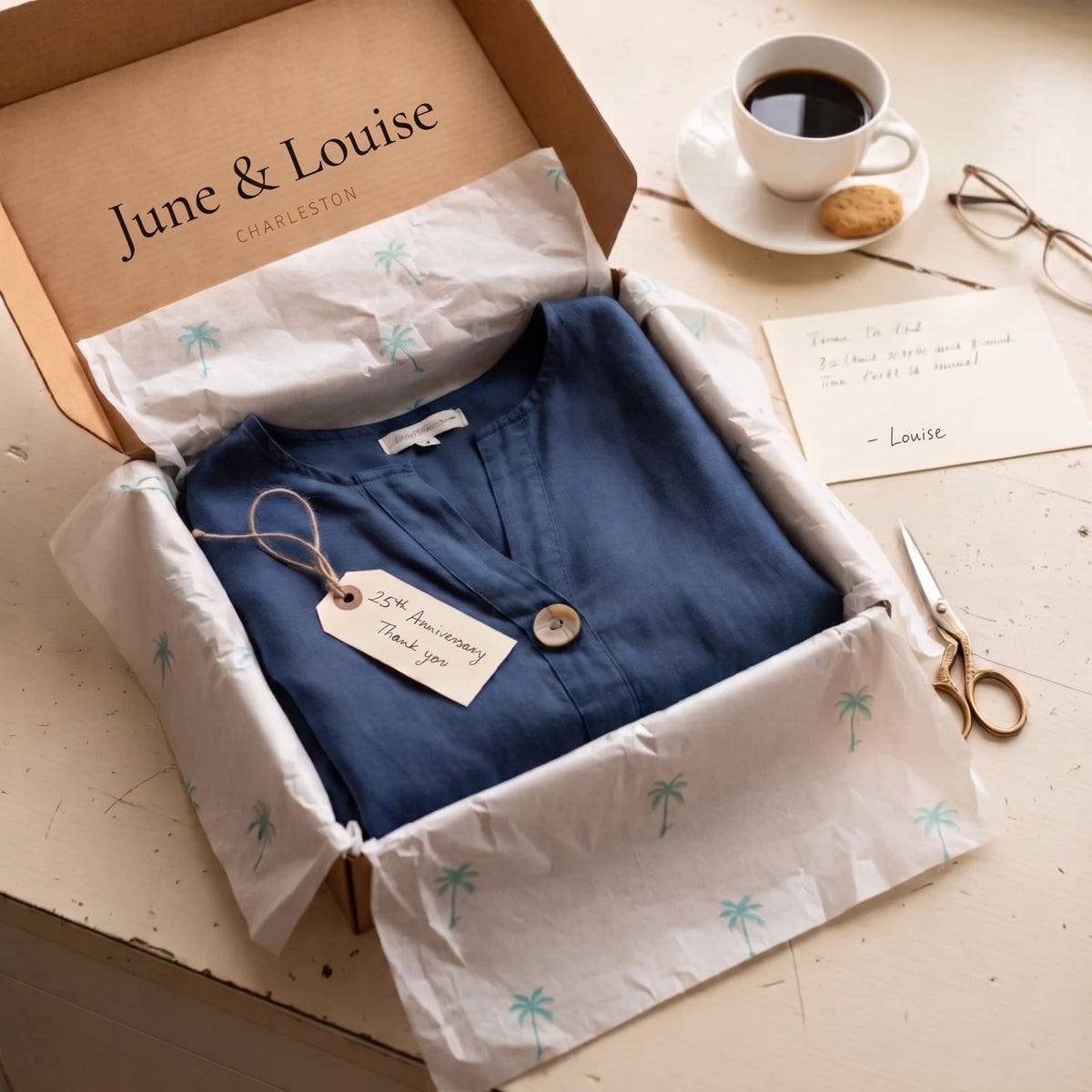 The Zamma top arriving in a June & Louise kraft box with palm-print tissue paper, a 25th Anniversary tag and a handwritten note from Louise