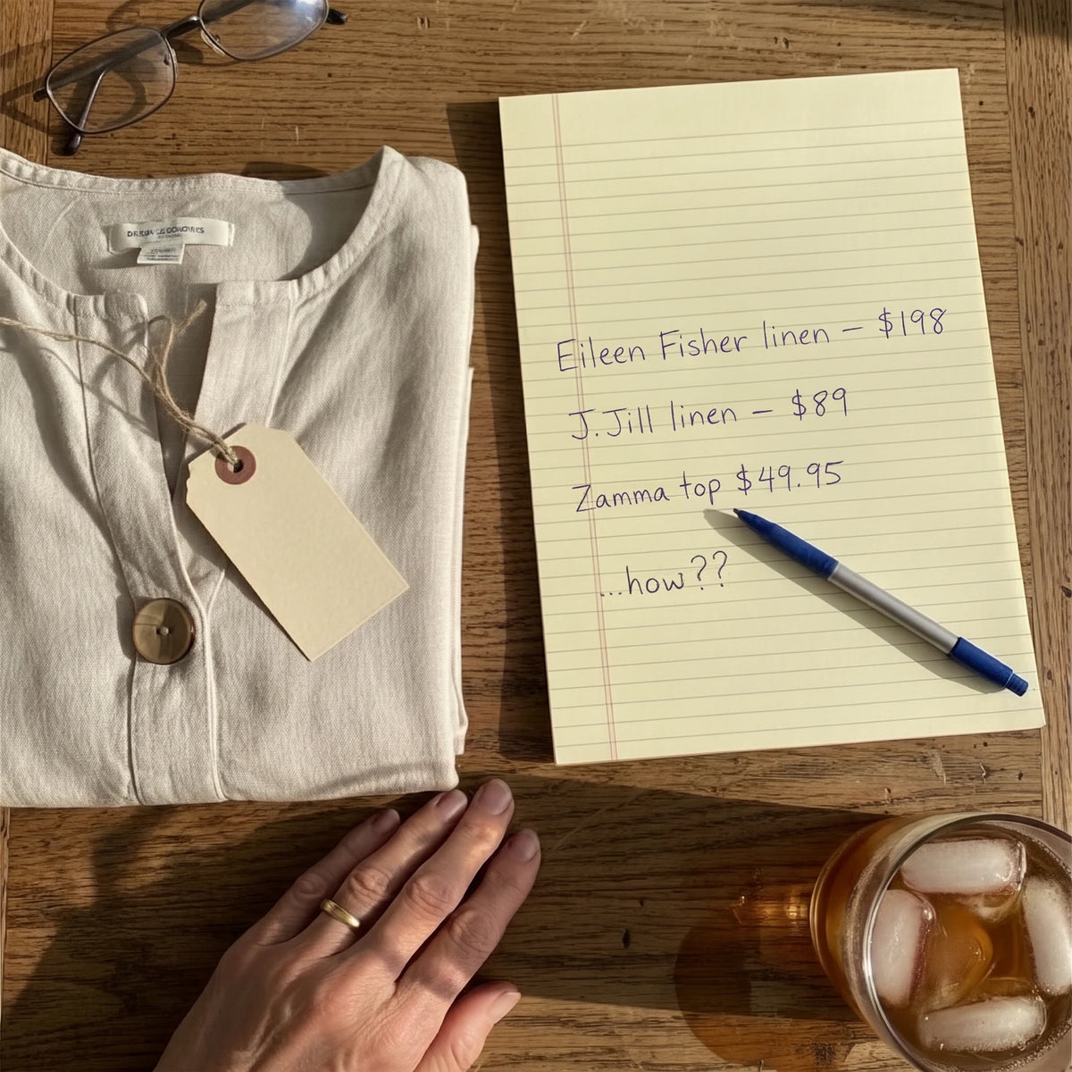 A handwritten note on a yellow legal pad comparing Eileen Fisher linen at $198, J.Jill linen at $89 and the Zamma top at $49.95, with the beige Zamma folded beside a glass of iced tea