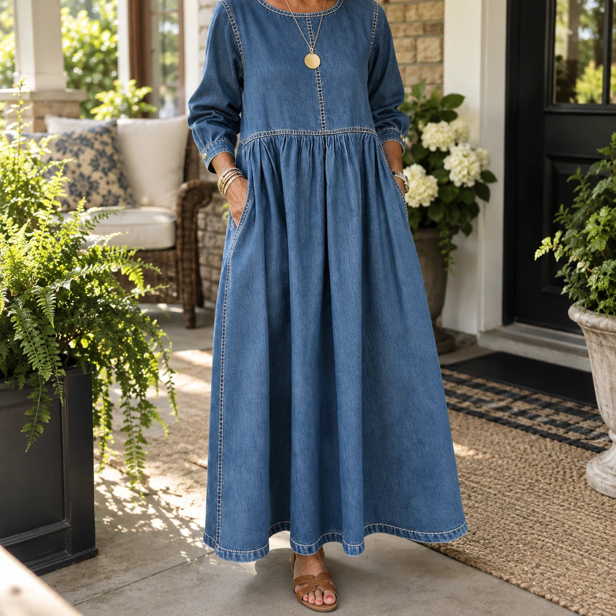 The Zephyrelle denim maxi dress in Blue worn on a Charleston porch, hands in the pockets