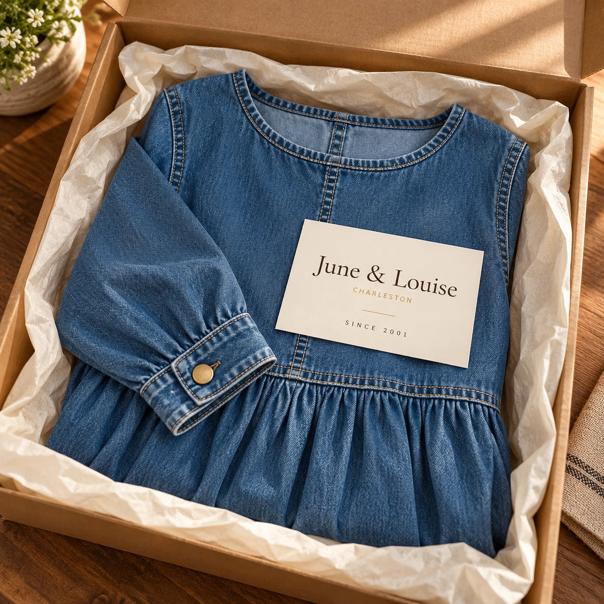 The Zephyrelle dress folded in tissue in its kraft box with the June & Louise Charleston card