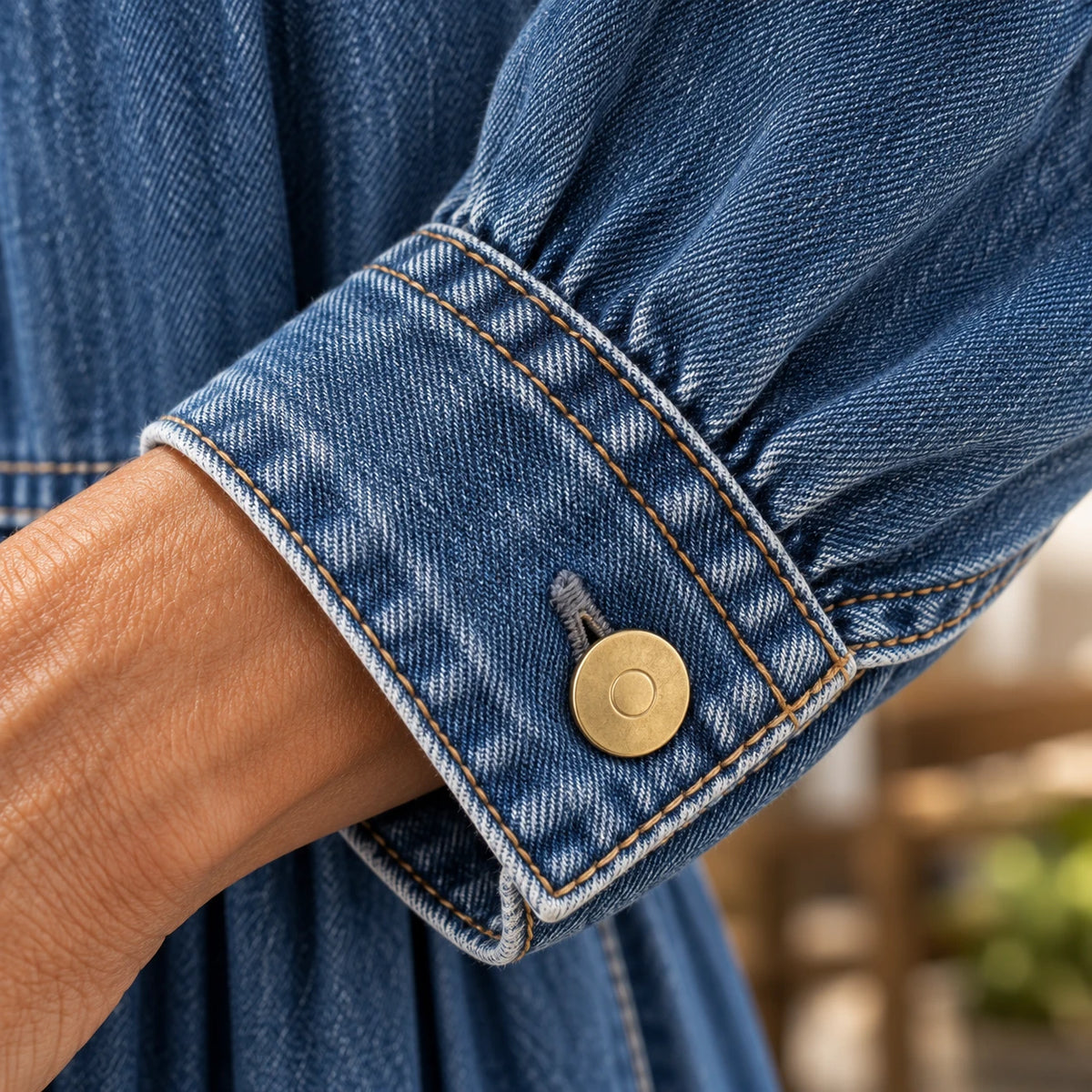 Close-up of the buttoned cuff of the Zephyrelle denim dress