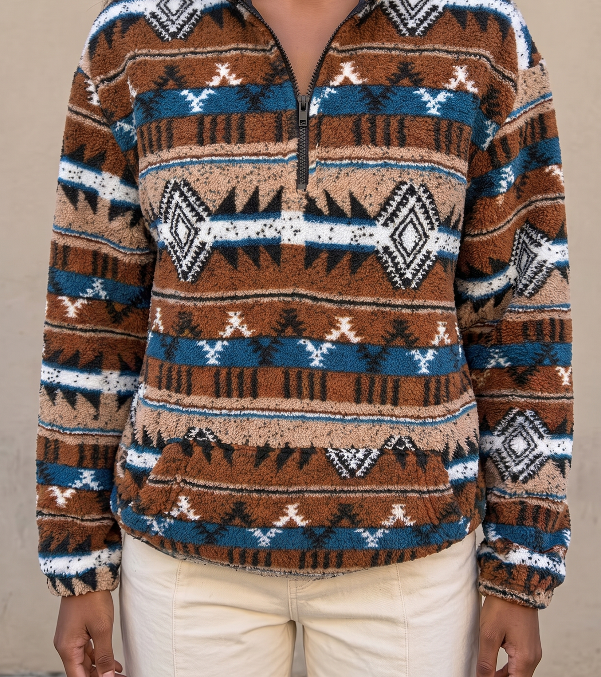 Amberlyn | Striped Aztec Half-Zip Sherpa