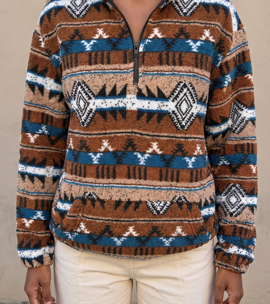 Amberlyn | Striped Aztec Half-Zip Sherpa