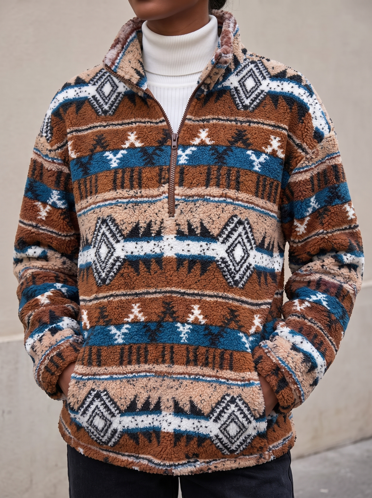 Amberlyn | Striped Aztec Half-Zip Sherpa