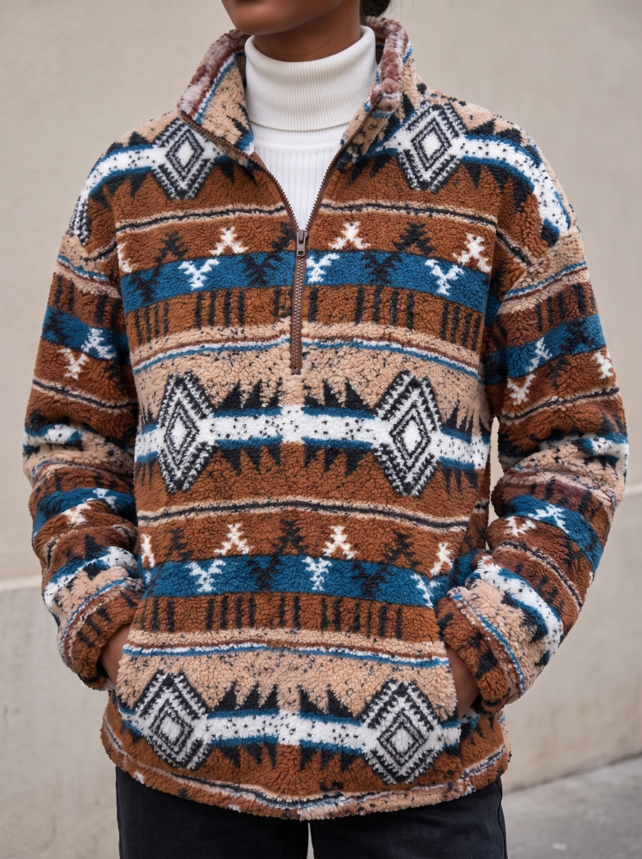 Amberlyn | Striped Aztec Half-Zip Sherpa