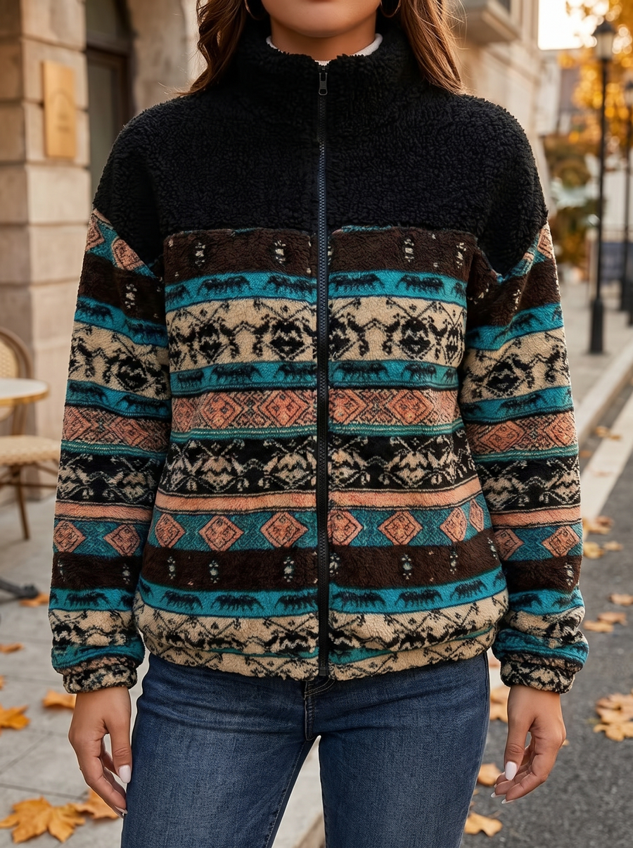 Ravella | Striped Aztec Sherpa Jacket