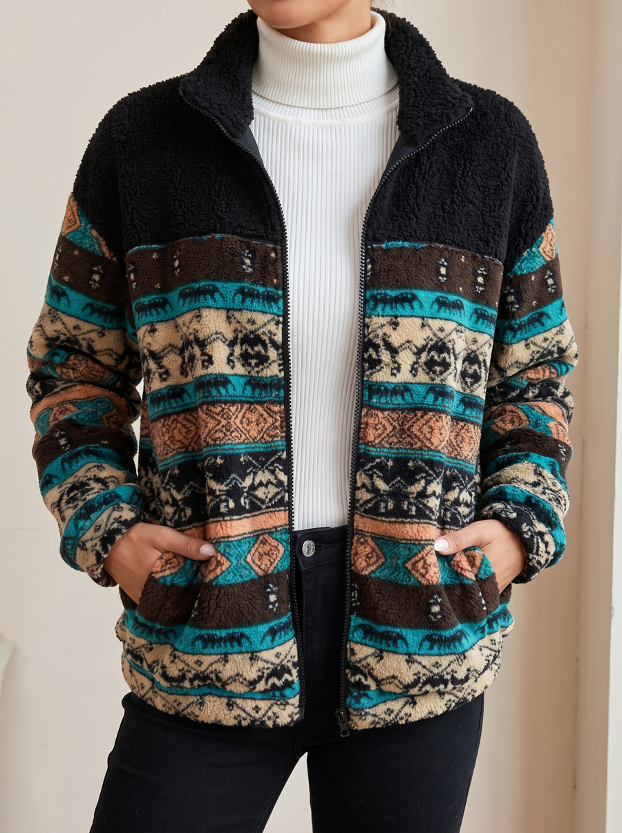 Ravella | Striped Aztec Sherpa Jacket