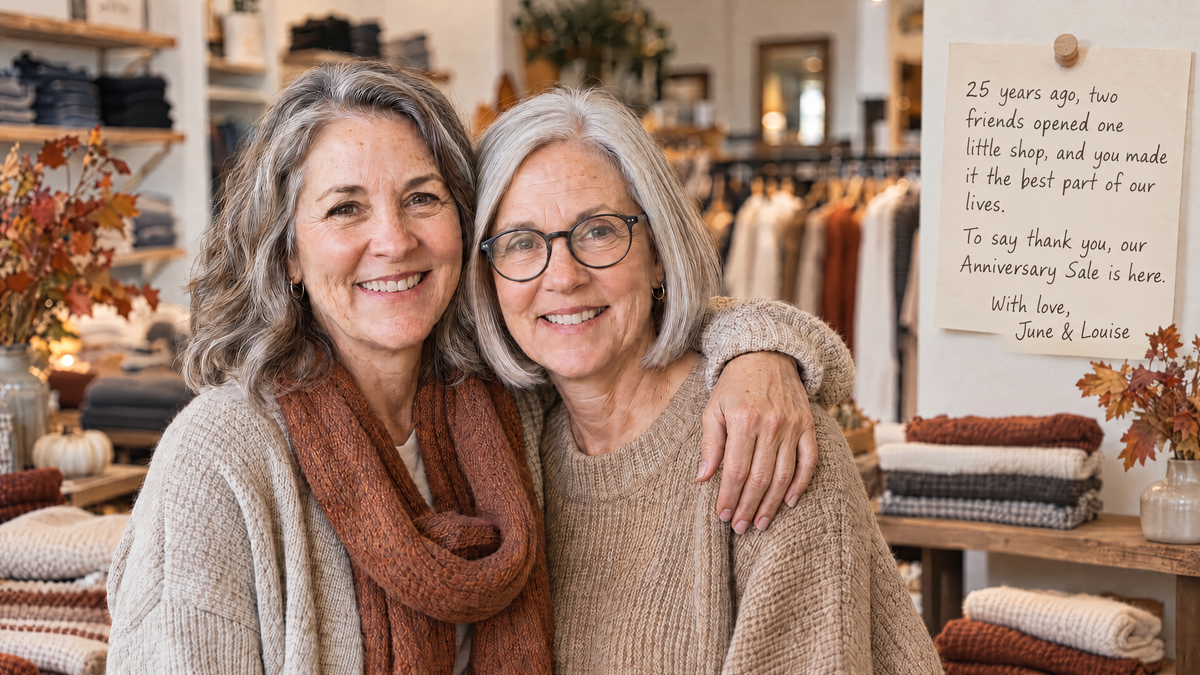June and Louise in their Charleston boutique, celebrating twenty-five years with the Anniversary Sale
