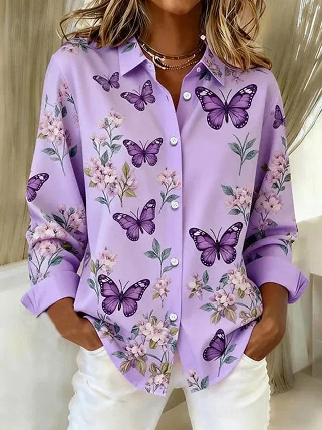 Dahlia | Butterfly Print Button Up Blouse