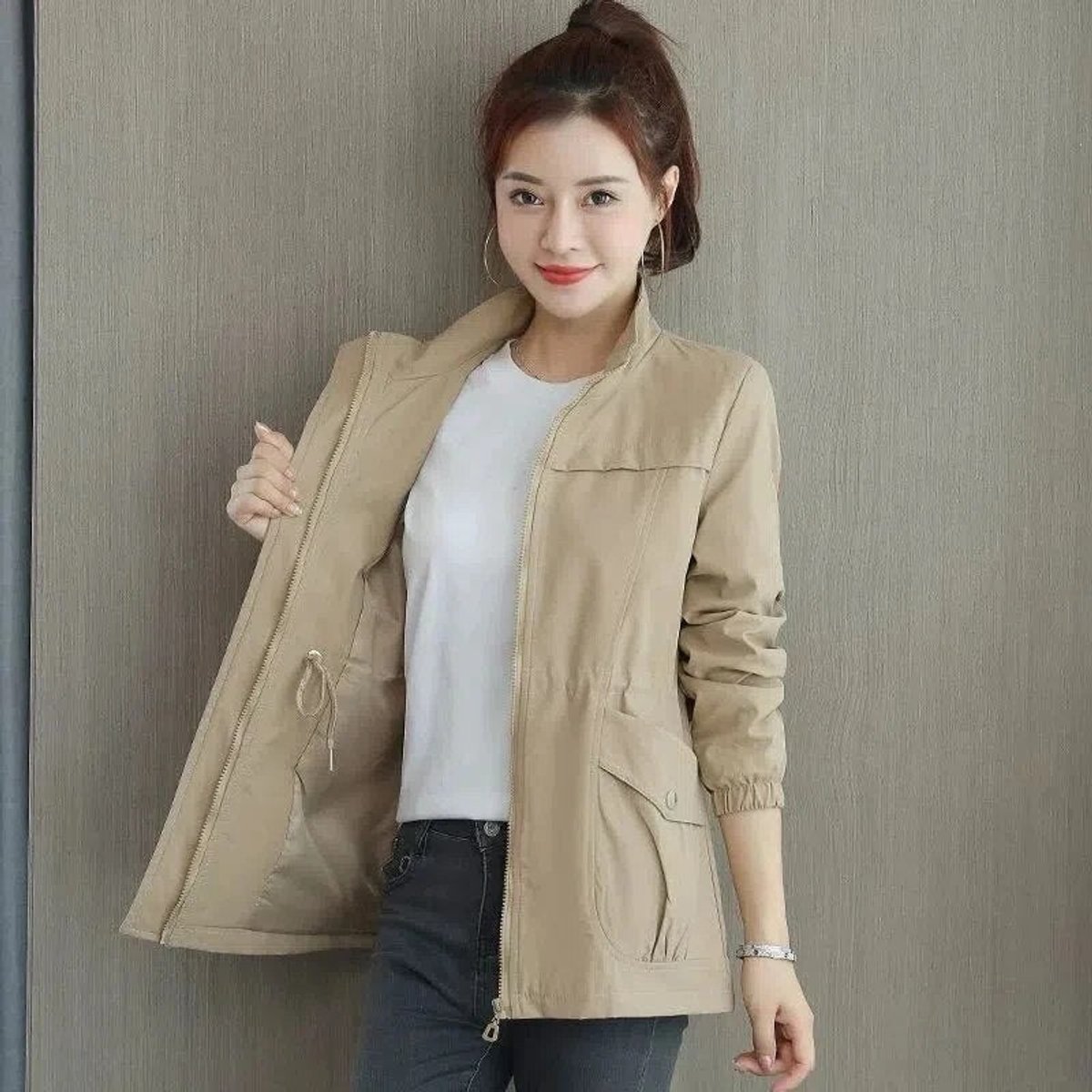 Marisa | Lightweight Zip Up Bomber Jacket with Drawstring Waist