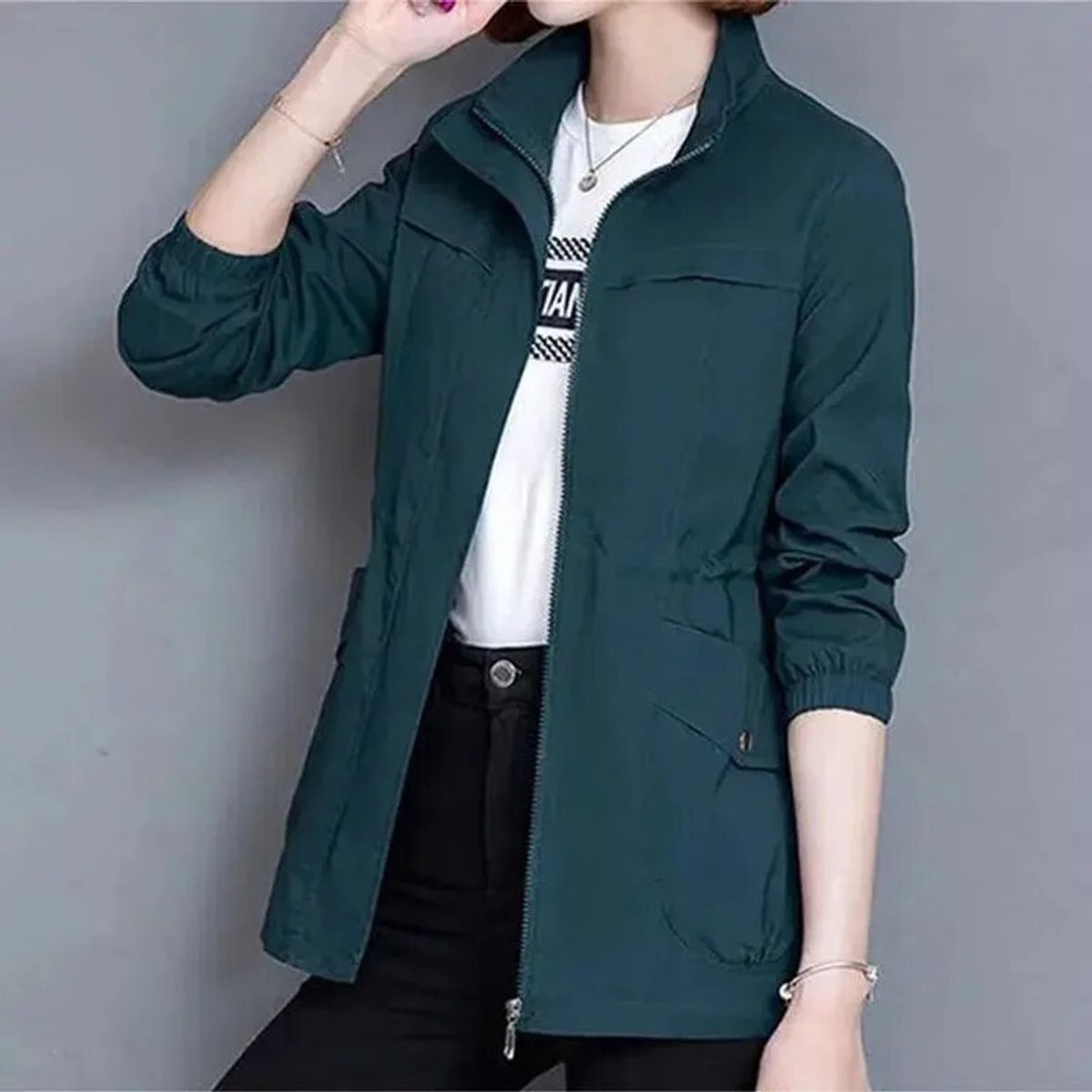 Marisa | Lightweight Zip Up Bomber Jacket with Drawstring Waist